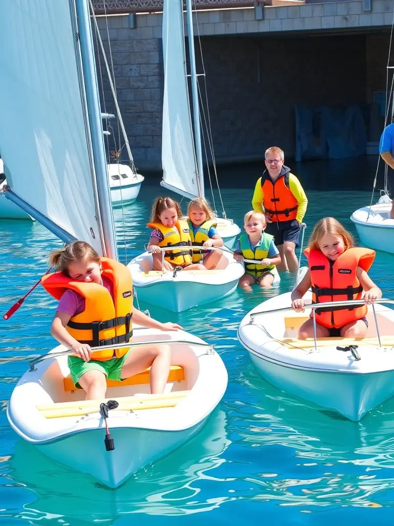 A group of children learning to sail small boats in a safe, enclosed harbor, with instructors nearby providing guidance. The scene is bright and cheerful, emphasizing the fun and educational aspects of the program.