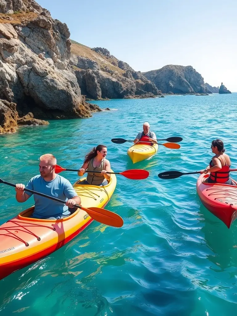 A diverse group of adults participating in a kayaking tour along the Paimpol coastline, with colorful kayaks and scenic views of the cliffs and sea.