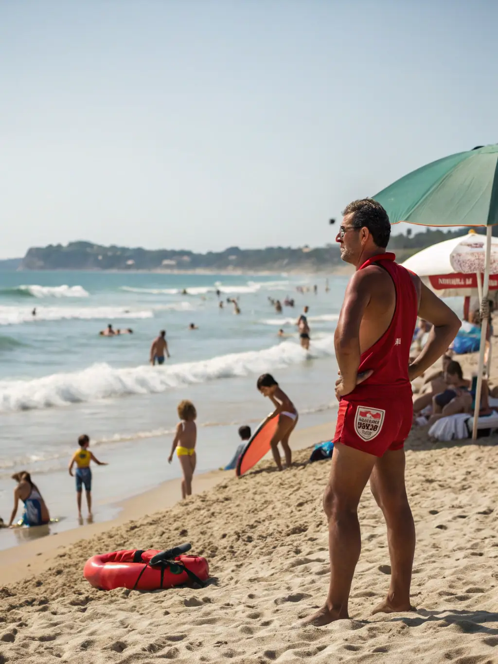 A lifeguard demonstrating water safety techniques to a group of young sailors, highlighting the importance of safety in nautical environments.