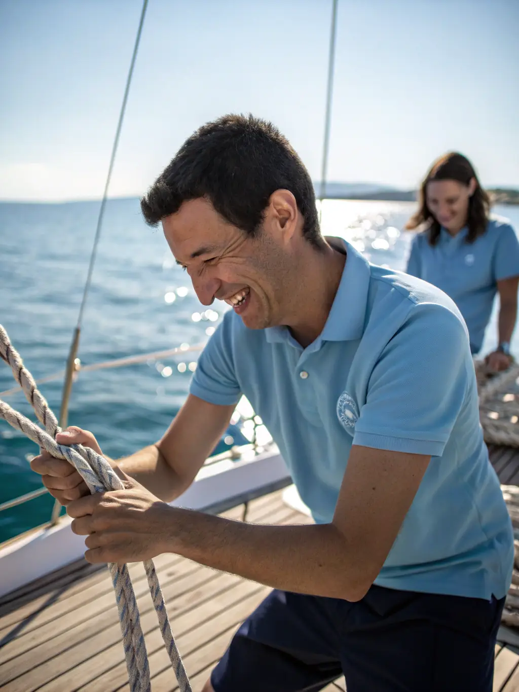 A group of children learning to tie nautical knots on a boat deck, supervised by an instructor, emphasizing the educational aspect of nautical activities.