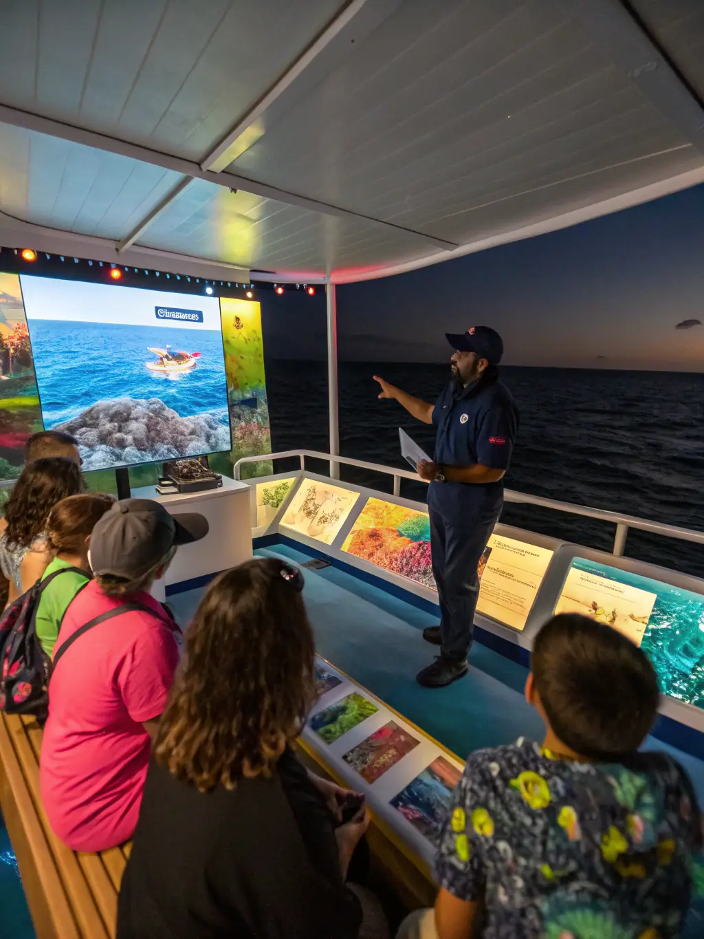 A workshop setting where participants are learning about marine conservation and sustainable nautical practices, with educational materials and hands-on activities.