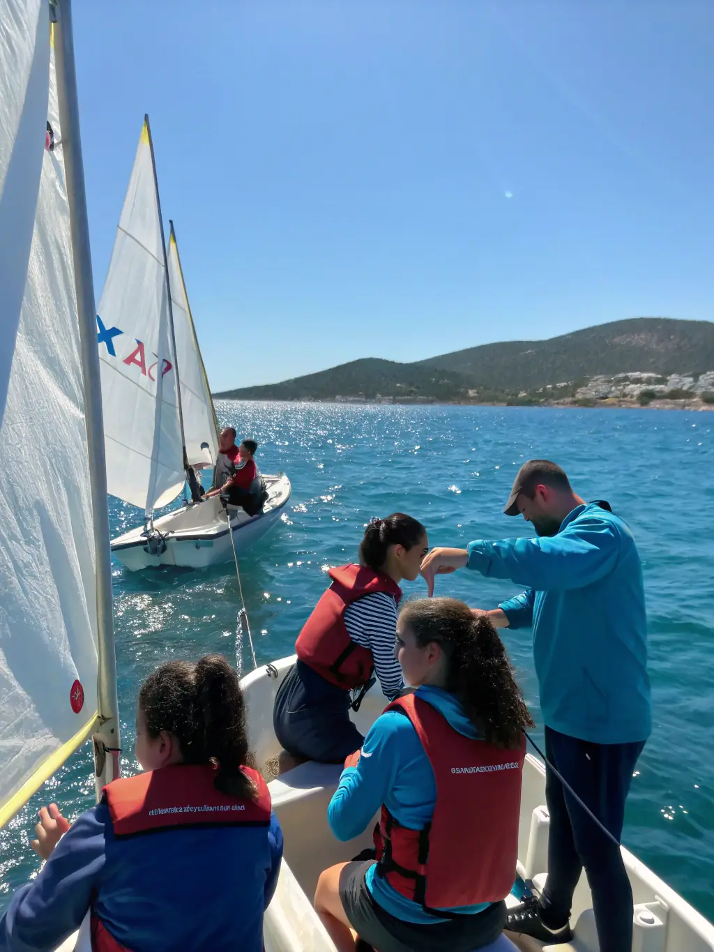 A group of children learning to sail small boats in a calm bay, with an instructor nearby providing guidance. The scene is sunny and cheerful, emphasizing the fun and educational aspects of the program.