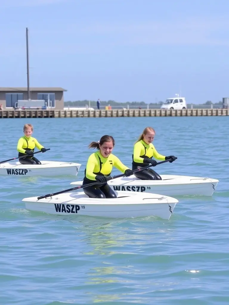 A group of children learning to sail small boats in a calm harbor, supervised by instructors, showcasing the Nautical Discovery Programs.