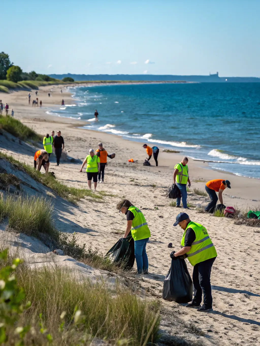 A group of volunteers cleaning up a beach, collecting trash and debris, with the Paimpol harbor in the background.