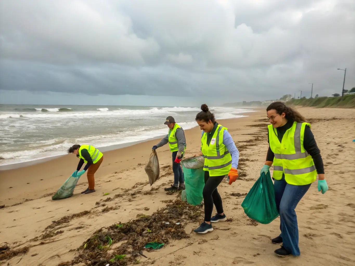 Volunteers cleaning up a beach, highlighting the association's commitment to environmental protection and community service.