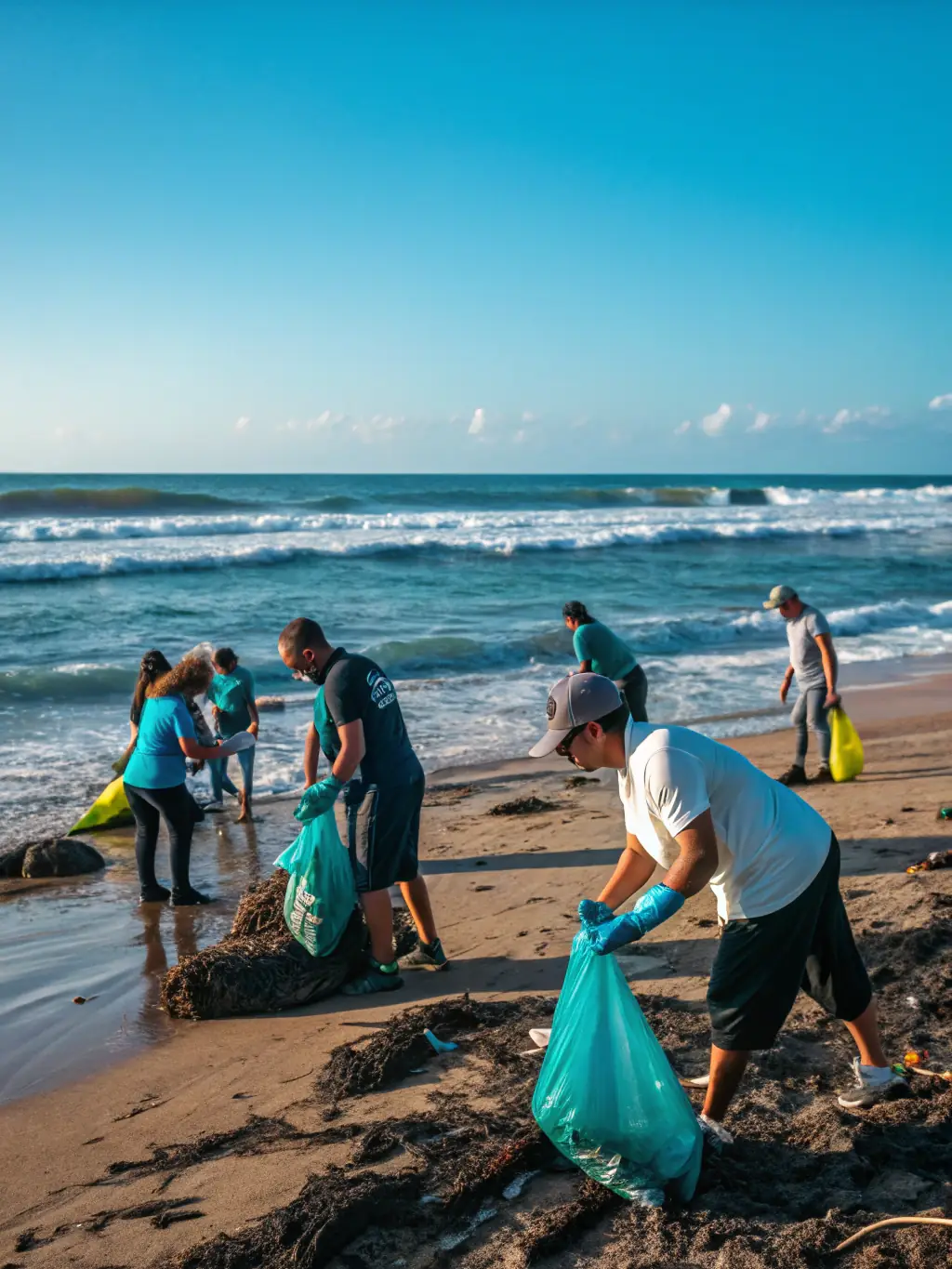 Volunteers cleaning up a beach, removing plastic and debris, demonstrating the association's commitment to environmental stewardship.