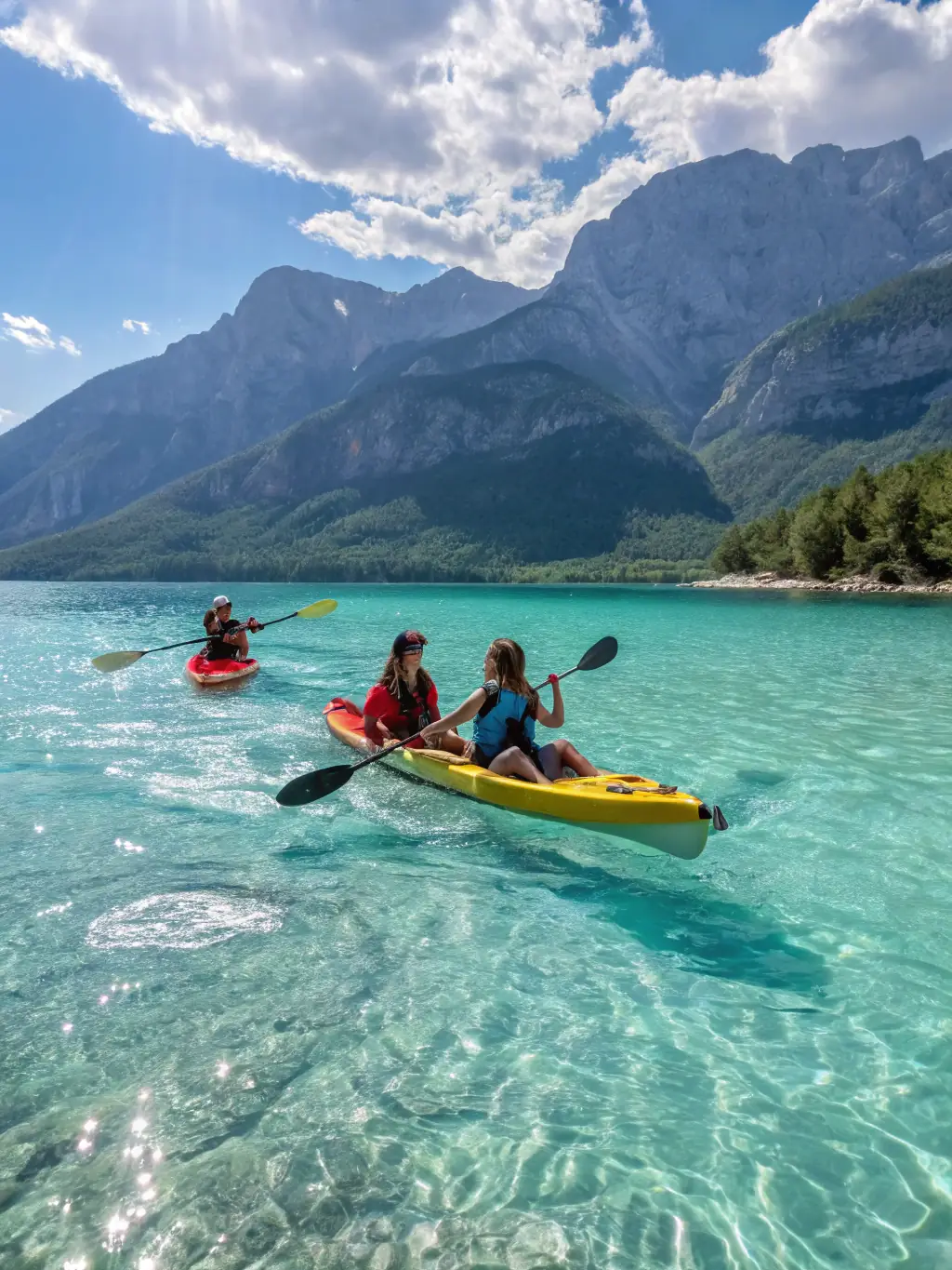 A diverse group of adults participating in a kayaking tour along the Paimpol coastline, enjoying the scenery and camaraderie.