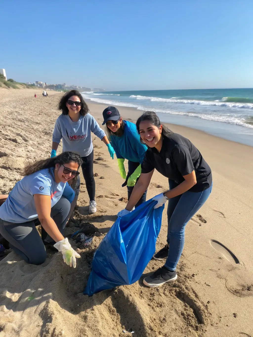 Volunteers cleaning up a beach, removing plastic and debris, showcasing the organization's commitment to marine conservation and environmental stewardship.