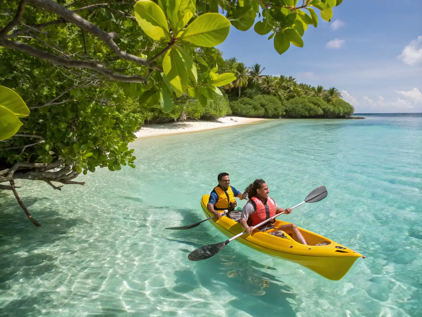 A person smiling while kayaking in a calm bay, emphasizing the personal enjoyment and stress relief offered by nautical activities.
