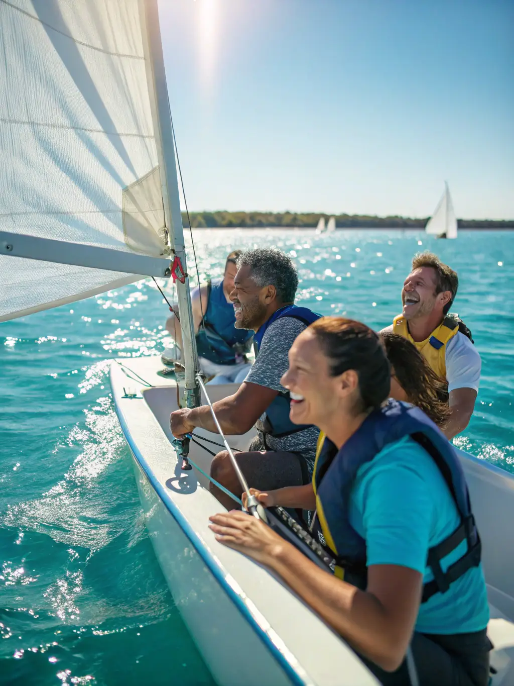 A diverse group of people participating in a sailing regatta, cheering and working together, illustrating the community-building aspect of nautical activities.