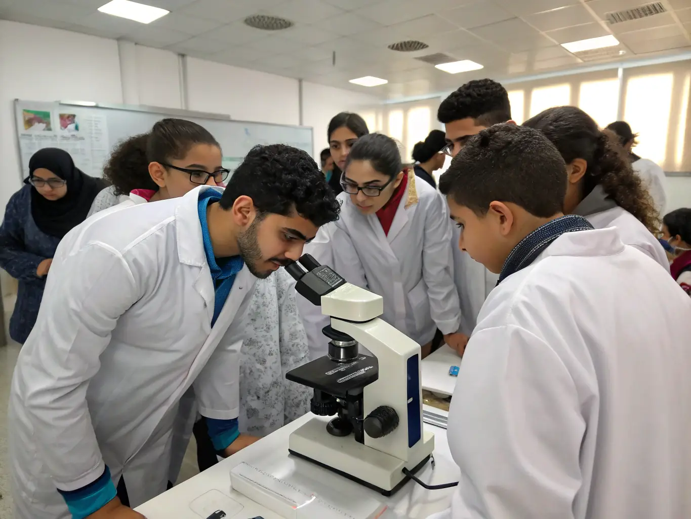Participants in a marine conservation workshop examining samples of marine life under microscopes, with a focus on learning about the local ecosystem and conservation efforts. The setting is a well-equipped laboratory.